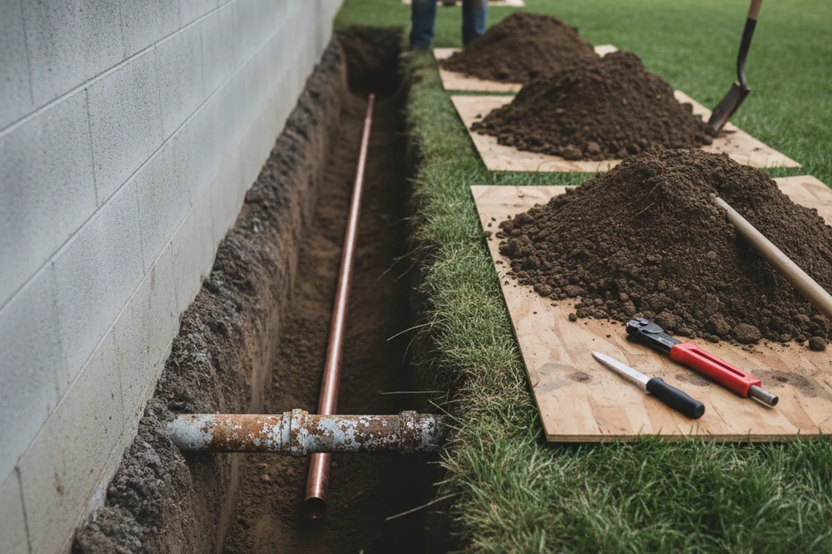 Excavated water line trench during Water Softener Installation in Stoughton